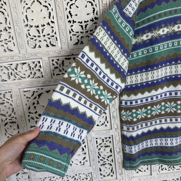 Vintage Blue & Green Nordic Fair Isle Mockneck Grannycore Sweater Sz Medium - Picture 4 of 8